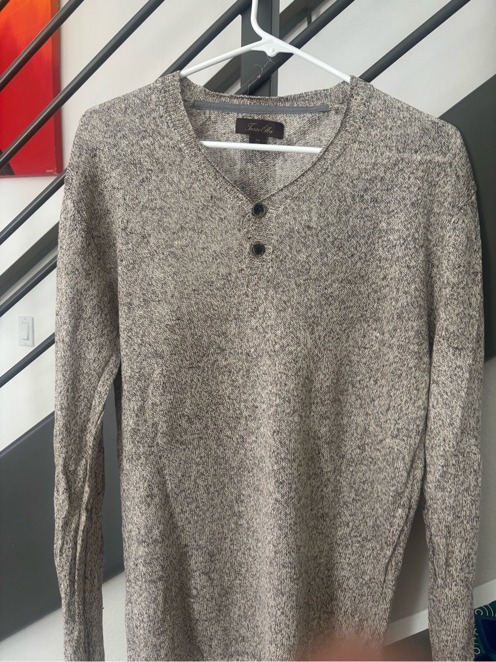Tasso Elba Men's Marled linen Gray V-Neck Sweater with Two-Button Placket